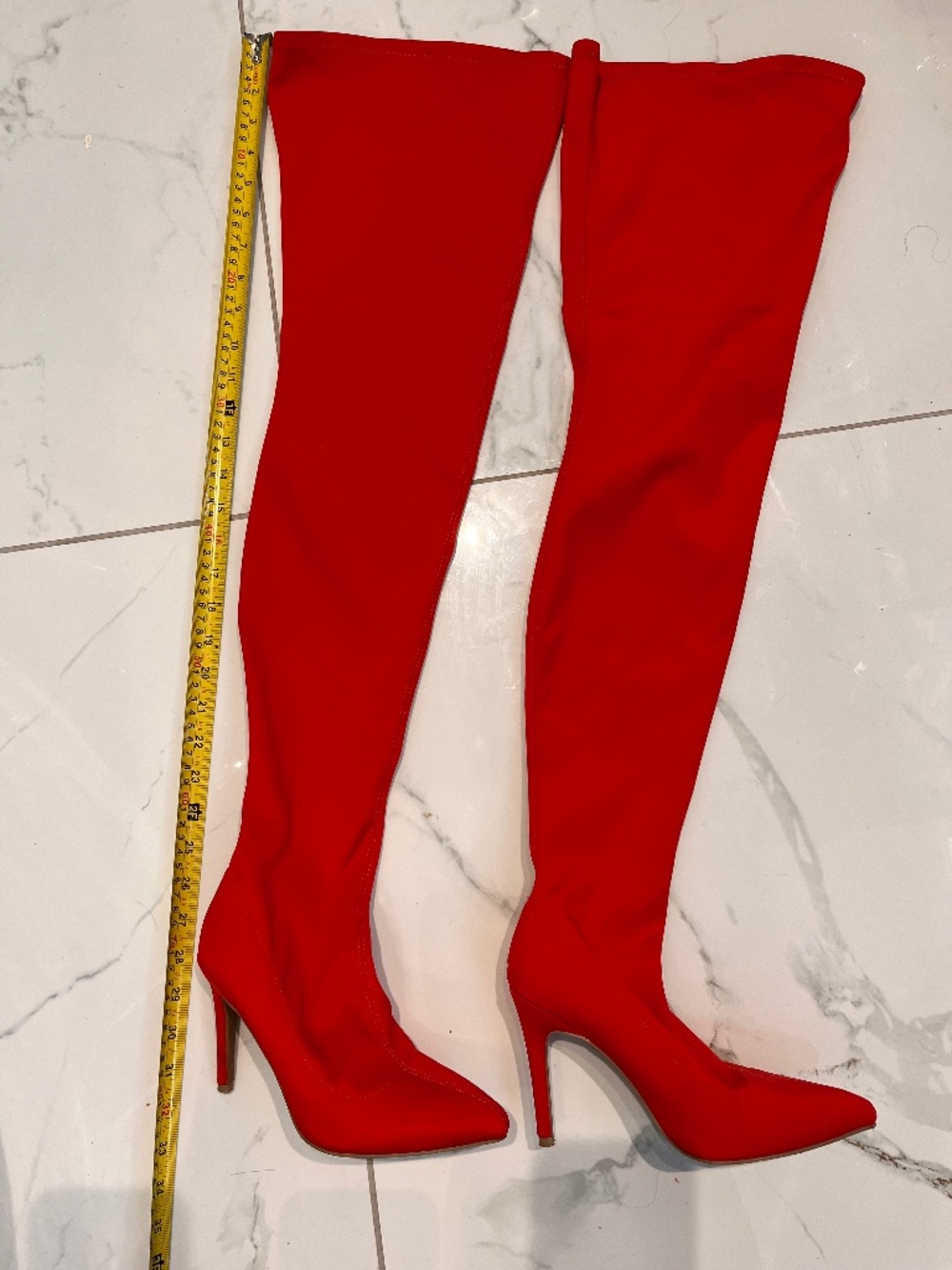 Red Thigh High Boot Pointed Toe pull on 4" Ultra High Heel